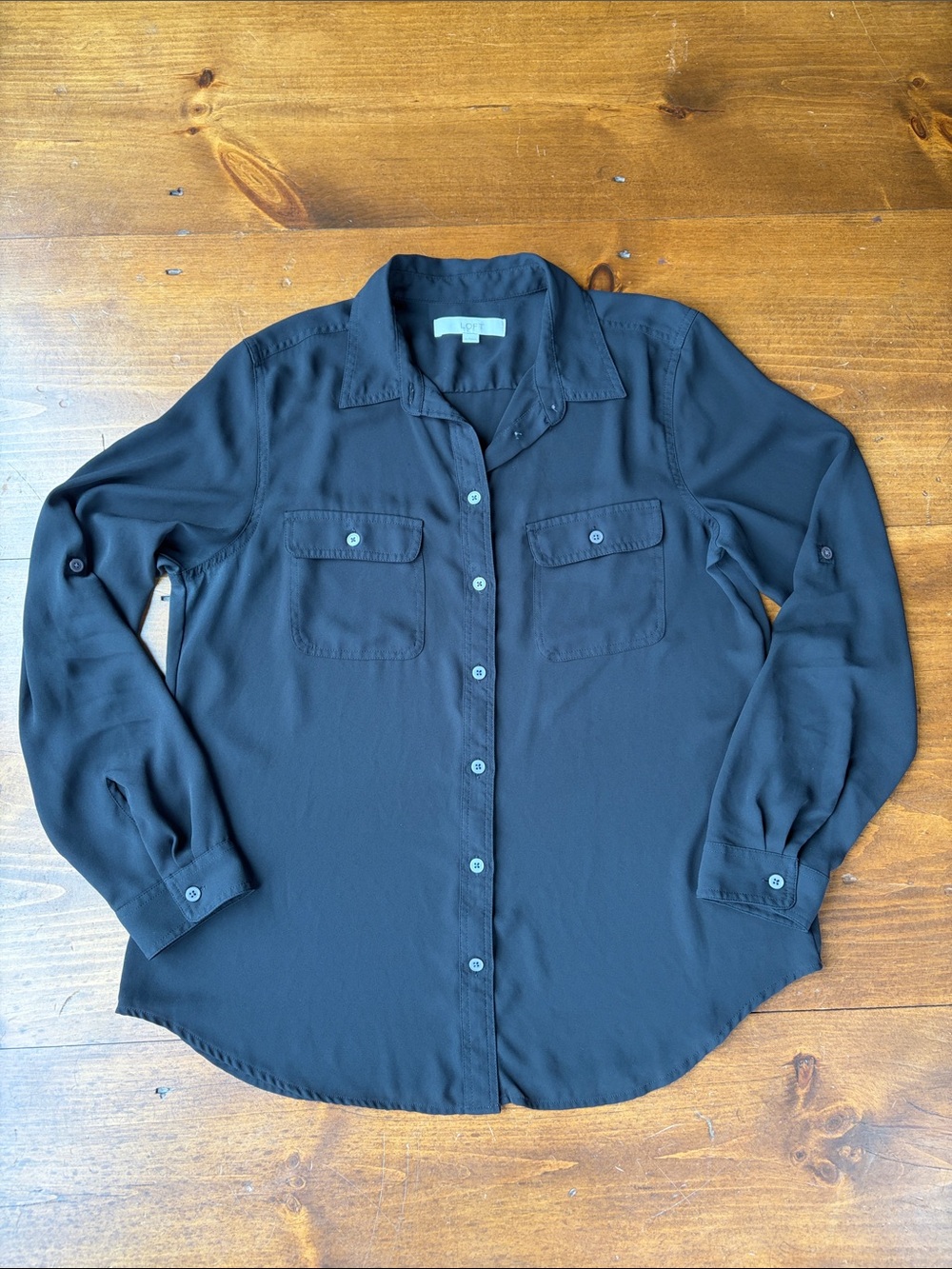 Ann Taylor Loft Black Long  Sleeve Sheer Blouse Sz L